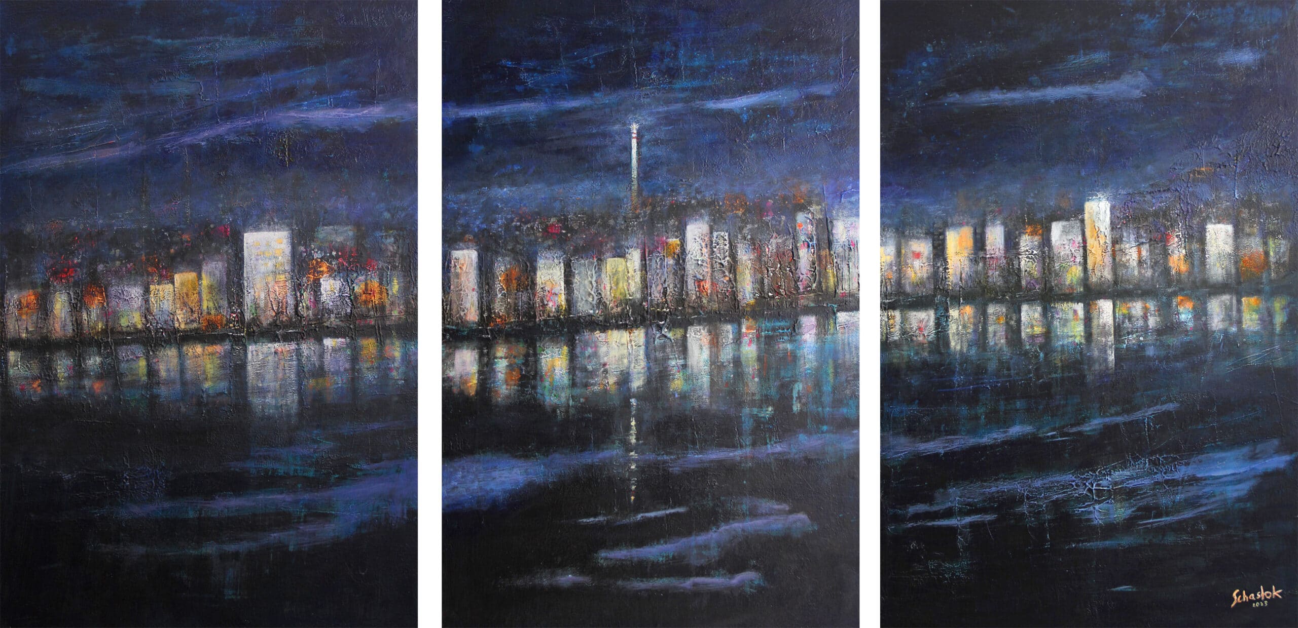 City on river<br><br>Triptychon<br>120×240 cm<br><br><br>